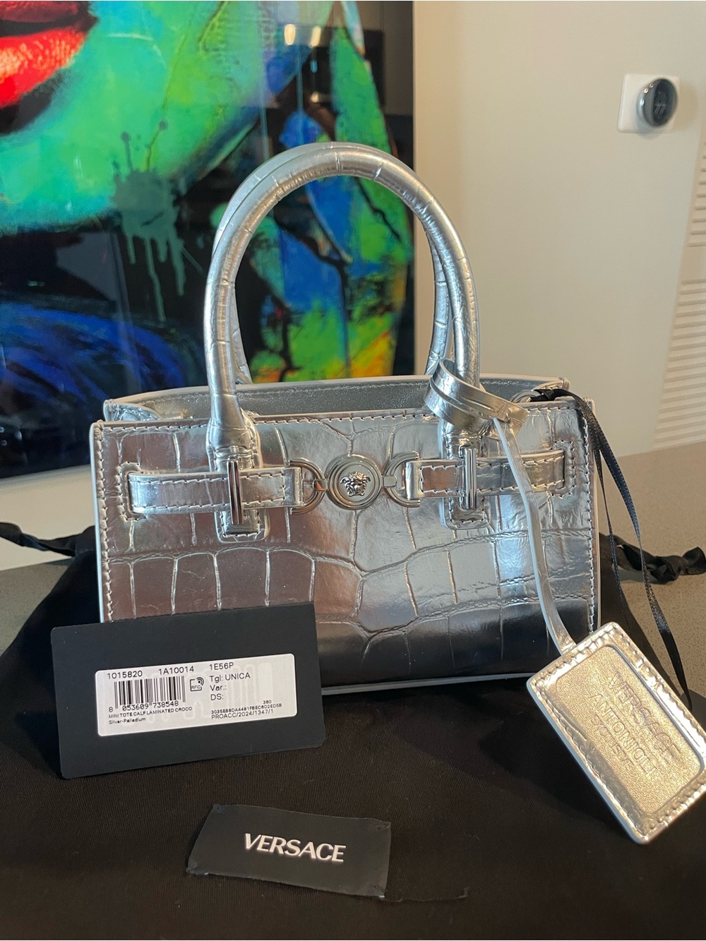 Versace Silver Croc-Embossed Mini Tote with Detachable Strap - Picture 3 of 16